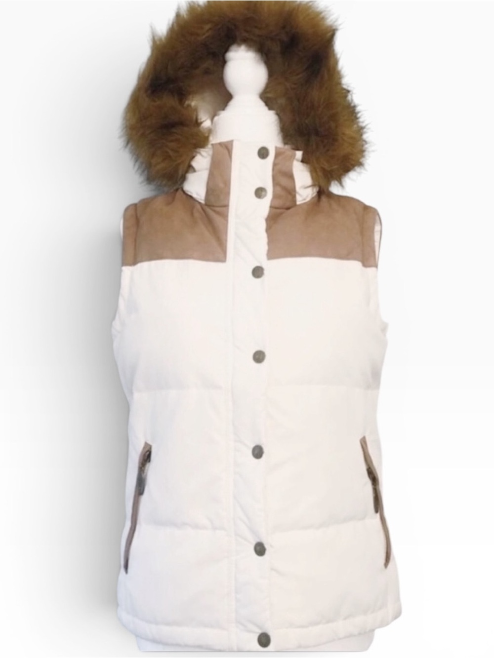 Joules Hooded Down Puffer Vest Cream Brown Size XS